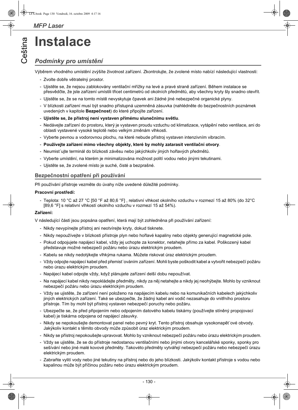 Instalace, Ce št in a, Mfp laser | Podmínky pro umístění | Konica Minolta PAGEPRO 1480MF User Manual | Page 131 / 198