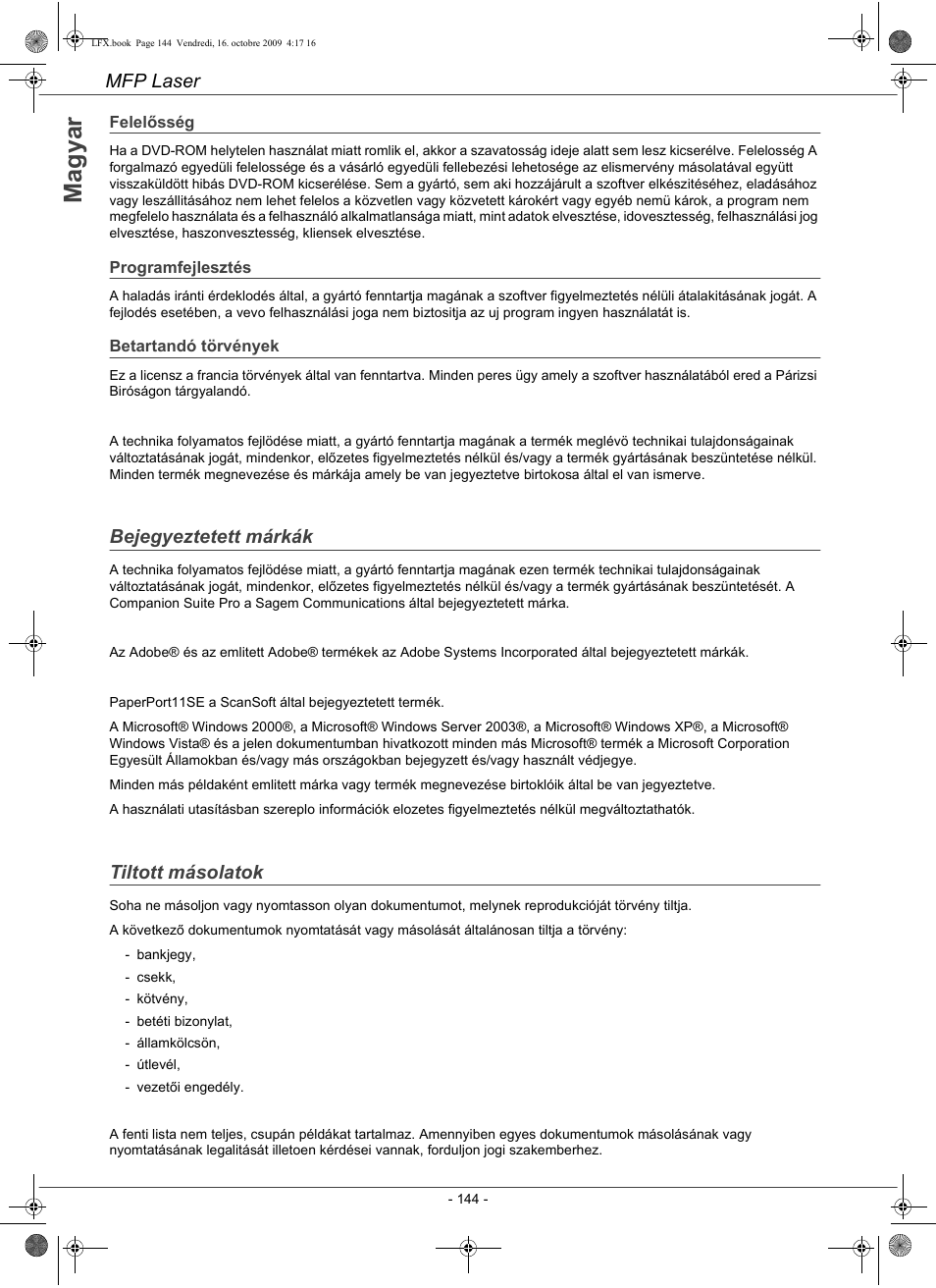 Mfp laser, Bejegyeztetett márkák, Tiltott másolatok | Konica Minolta PAGEPRO 1480MF User Manual | Page 145 / 198