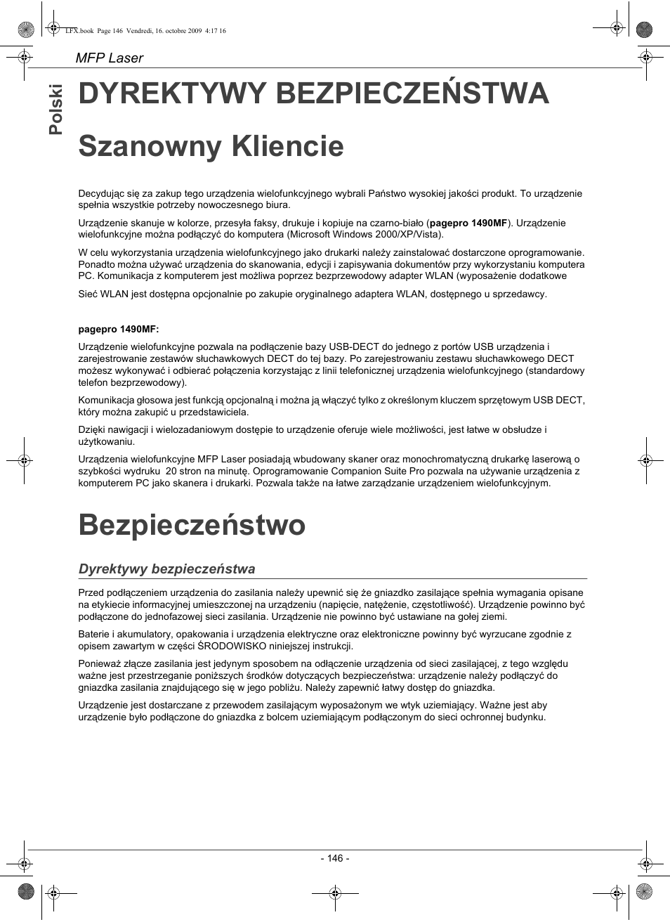 Dyrektywy bezpieczeństwa szanowny kliencie, Bezpieczeństwo, Po ls k i | Konica Minolta PAGEPRO 1480MF User Manual | Page 147 / 198