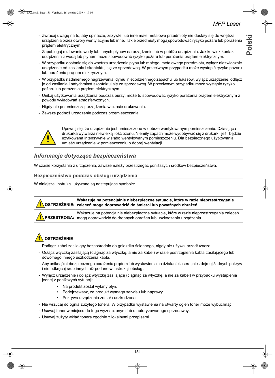 Po ls k i, Mfp laser, Informacje dotyczące bezpieczeństwa | Konica Minolta PAGEPRO 1480MF User Manual | Page 152 / 198