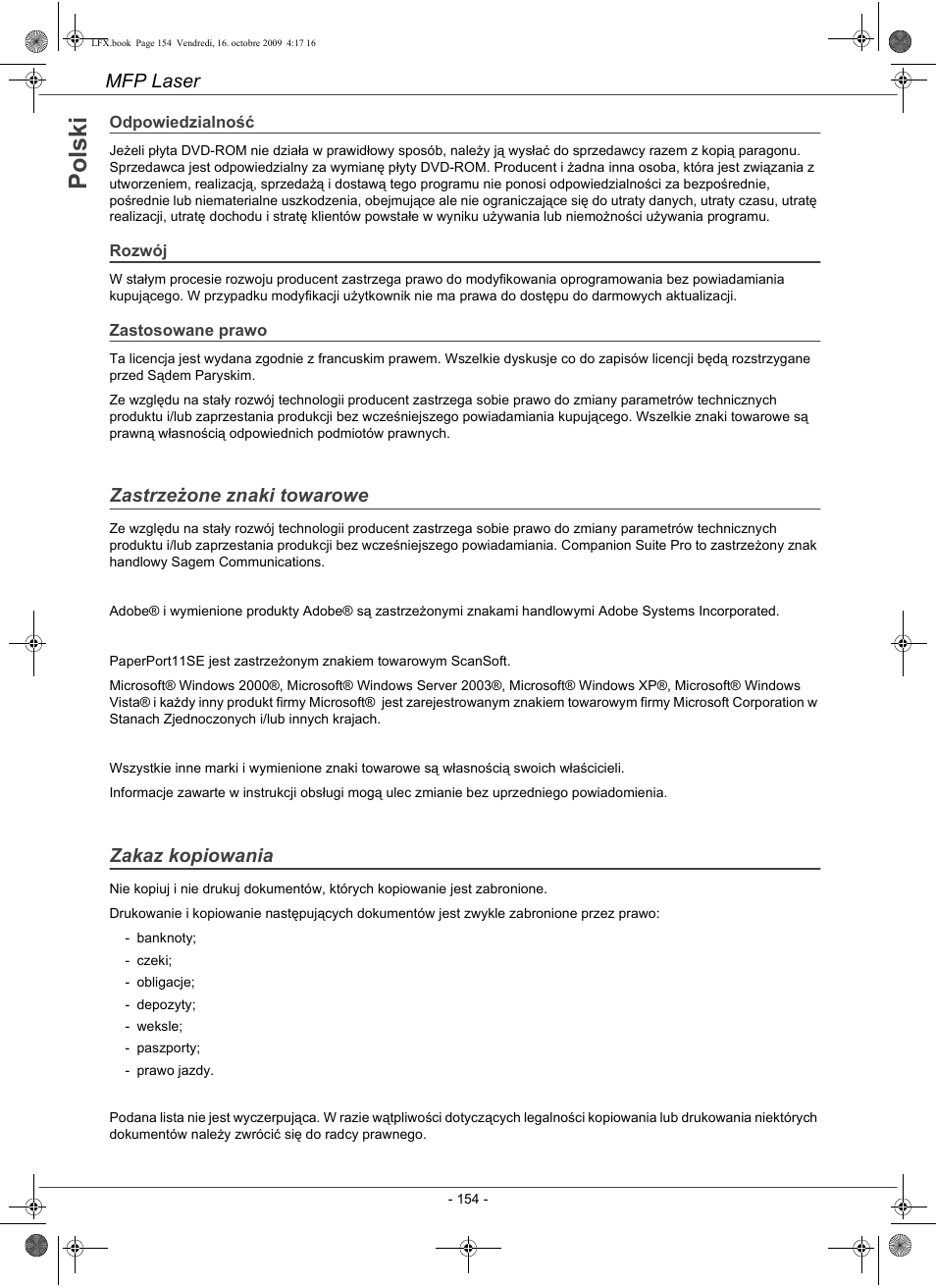 Po ls k i, Mfp laser, Zastrzeŝone znaki towarowe | Zakaz kopiowania | Konica Minolta PAGEPRO 1480MF User Manual | Page 155 / 198