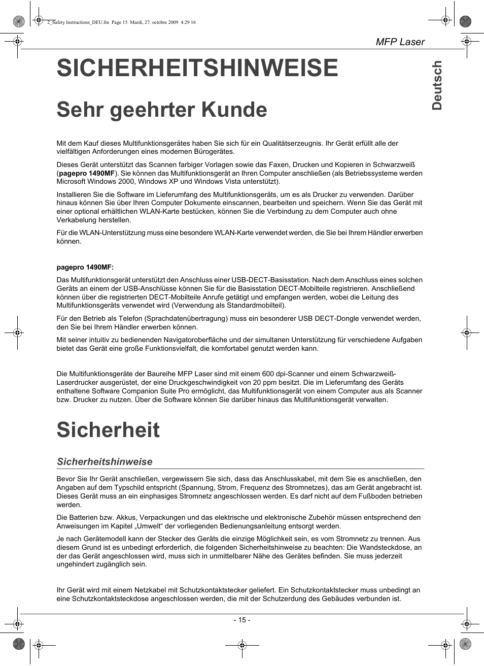 Sicherheitshinweise, Sehr geehrter kunde, Sicherheit | De u ts c h | Konica Minolta PAGEPRO 1480MF User Manual | Page 16 / 198