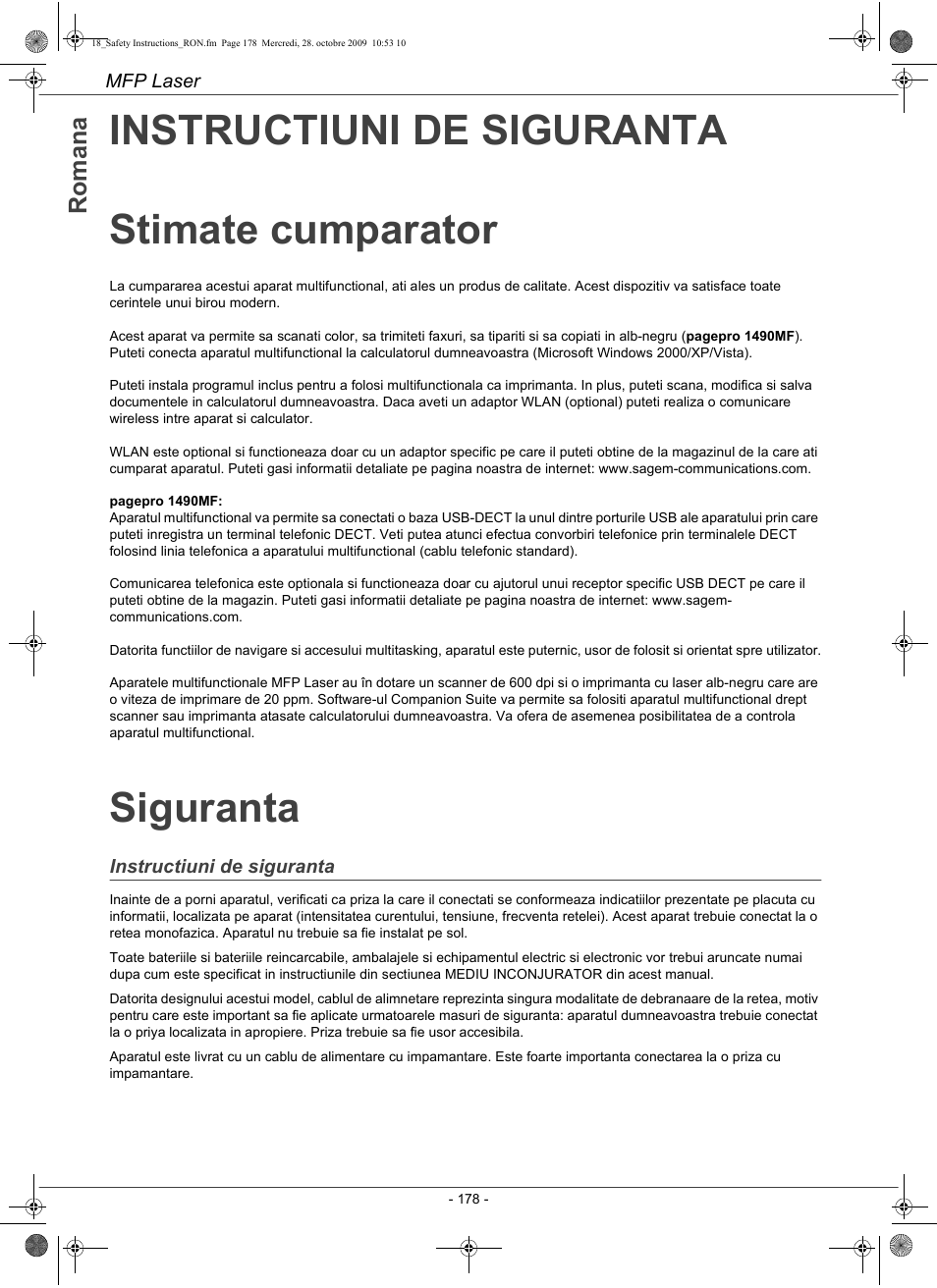 Instructiuni de siguranta stimate cumparator, Siguranta | Konica Minolta PAGEPRO 1480MF User Manual | Page 179 / 198