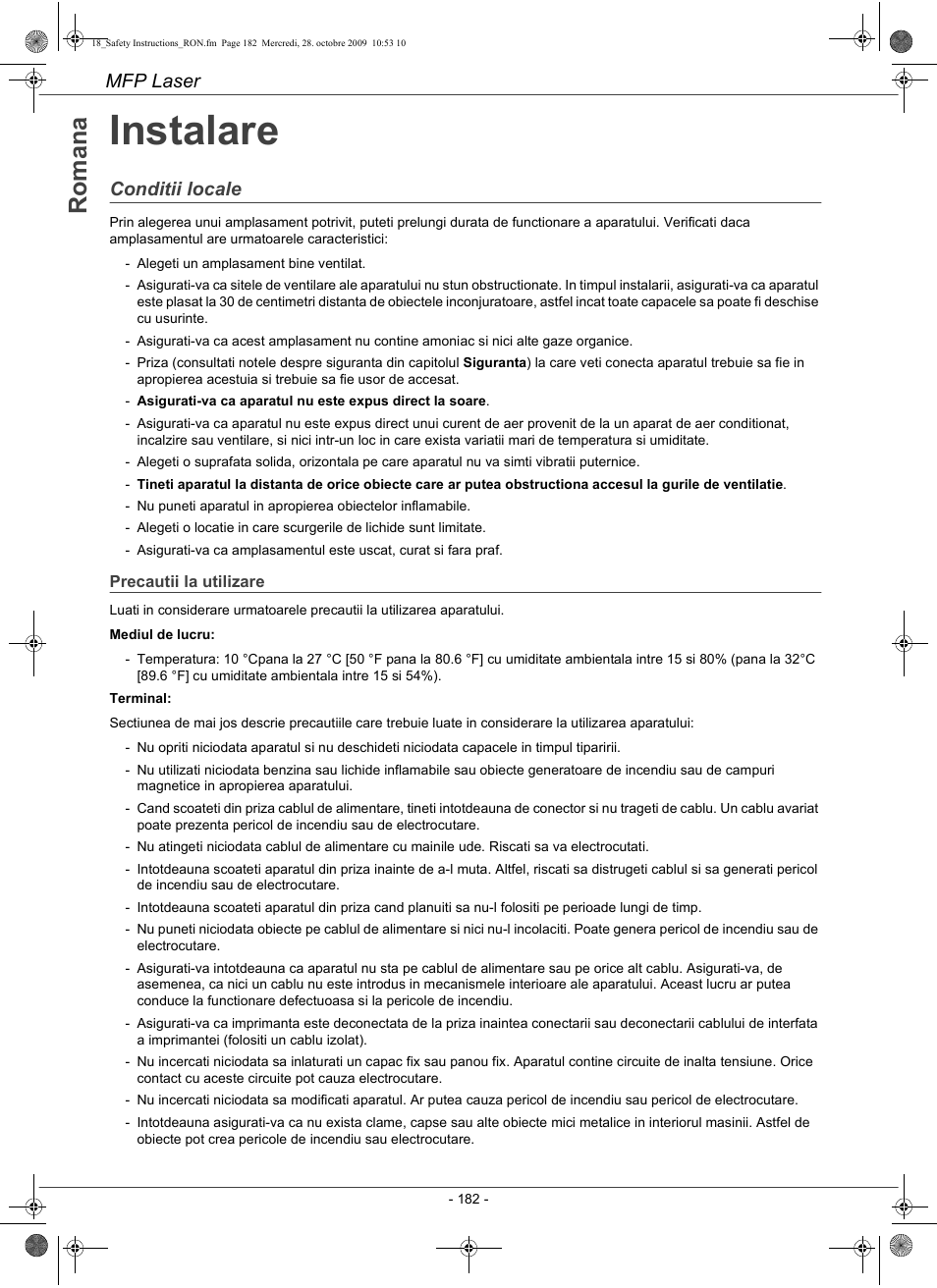 Instalare, Mfp laser, Conditii locale | Konica Minolta PAGEPRO 1480MF User Manual | Page 183 / 198