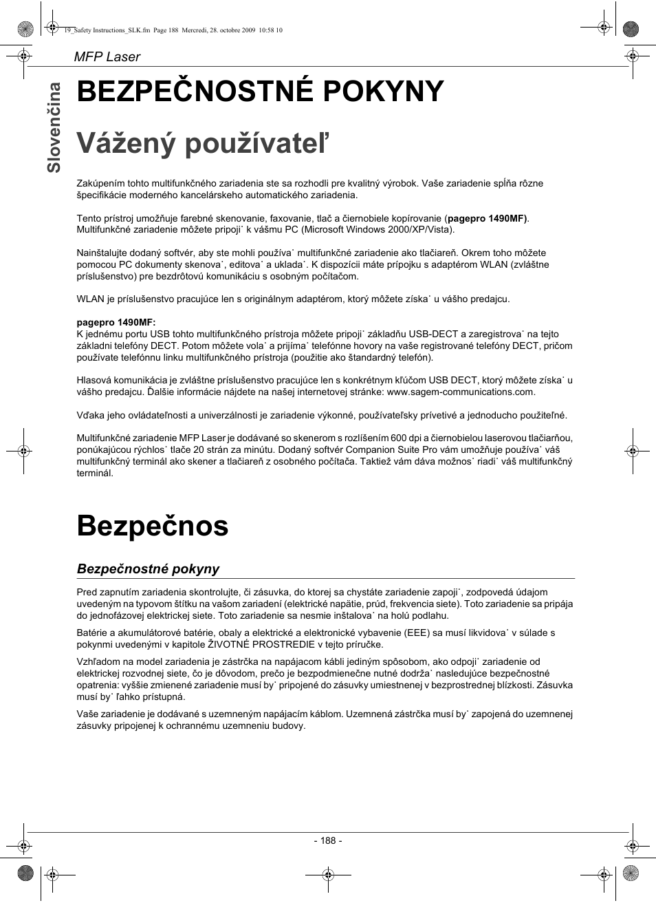 Bezpečnostné pokyny vážený používateľ, Bezpečnos | Konica Minolta PAGEPRO 1480MF User Manual | Page 189 / 198