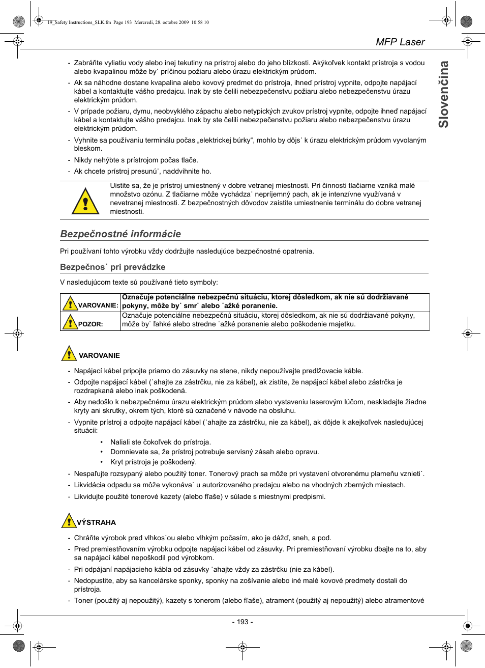 Mfp laser, Bezpečnostné informácie | Konica Minolta PAGEPRO 1480MF User Manual | Page 194 / 198