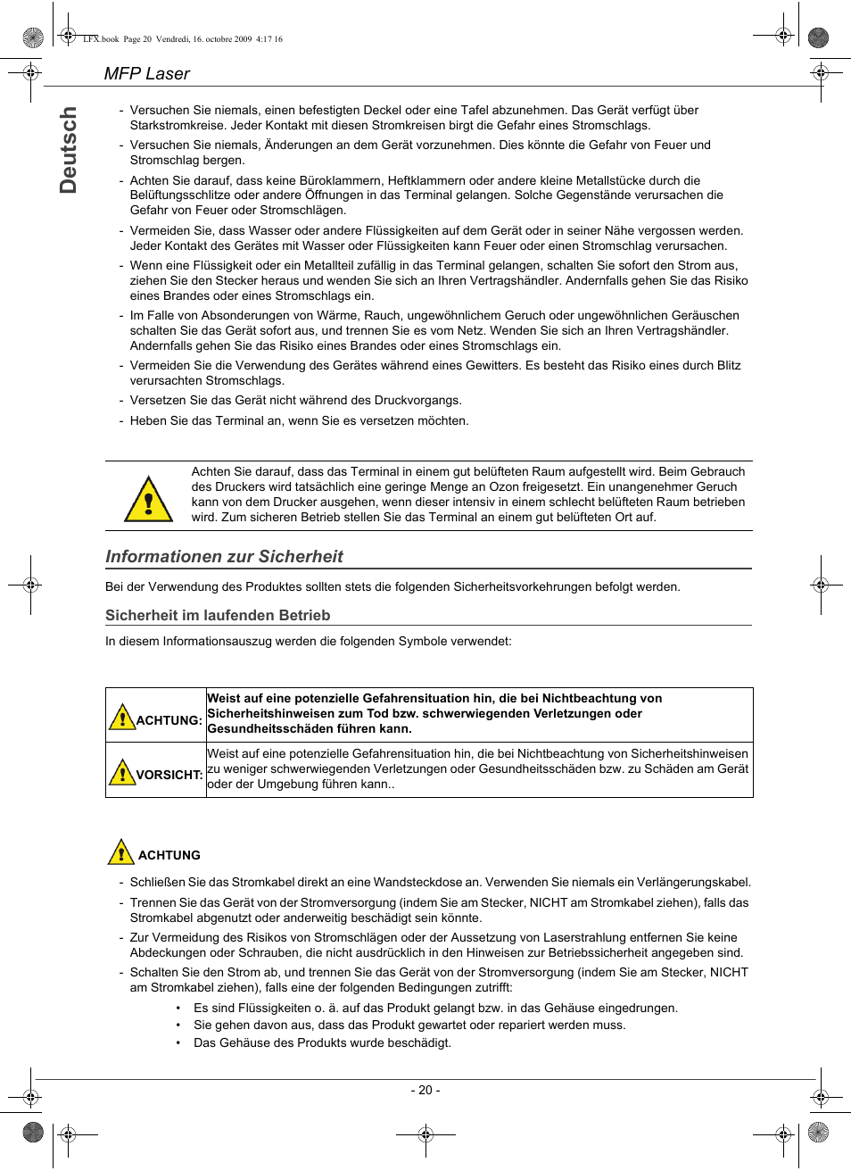 De u ts c h, Mfp laser, Informationen zur sicherheit | Konica Minolta PAGEPRO 1480MF User Manual | Page 21 / 198