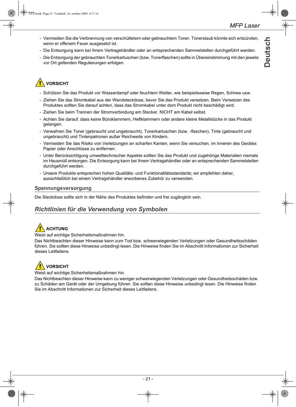 De u ts c h, Mfp laser, Richtlinien für die verwendung von symbolen | Konica Minolta PAGEPRO 1480MF User Manual | Page 22 / 198
