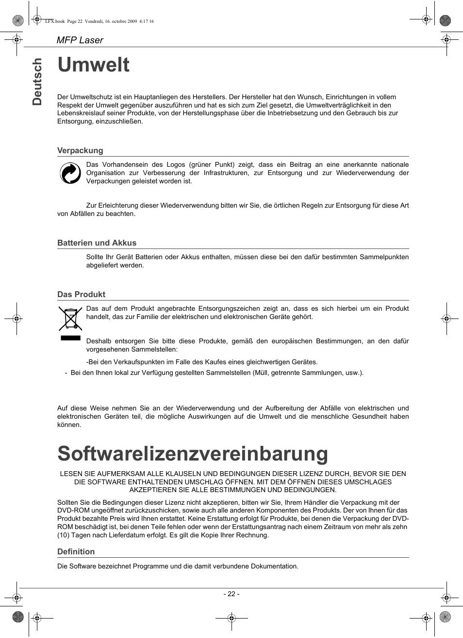 Umwelt, Softwarelizenzvereinbarung, De u ts c h | Konica Minolta PAGEPRO 1480MF User Manual | Page 23 / 198