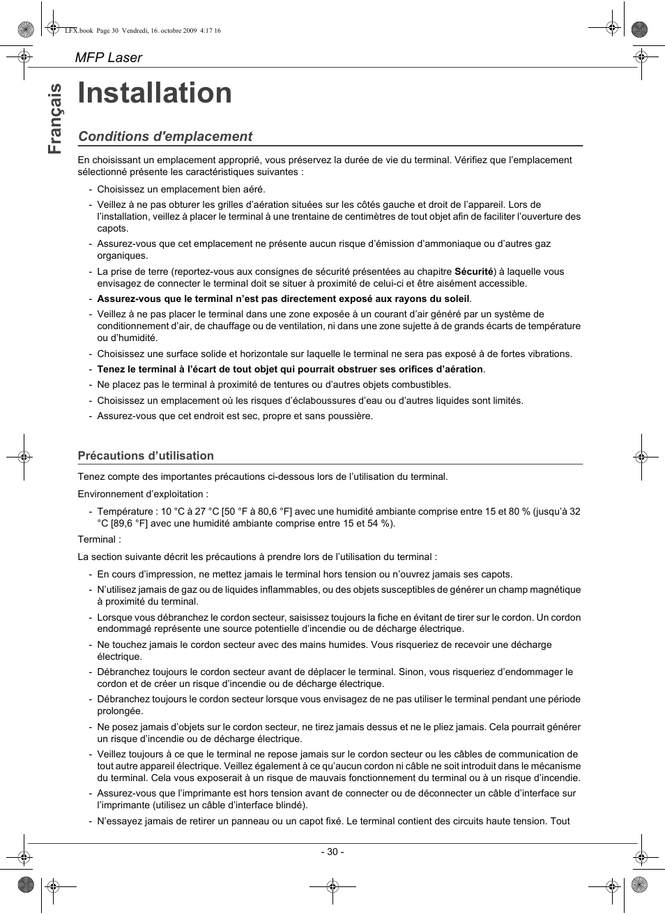 Installation, Mfp laser, Conditions d'emplacement | Konica Minolta PAGEPRO 1480MF User Manual | Page 31 / 198