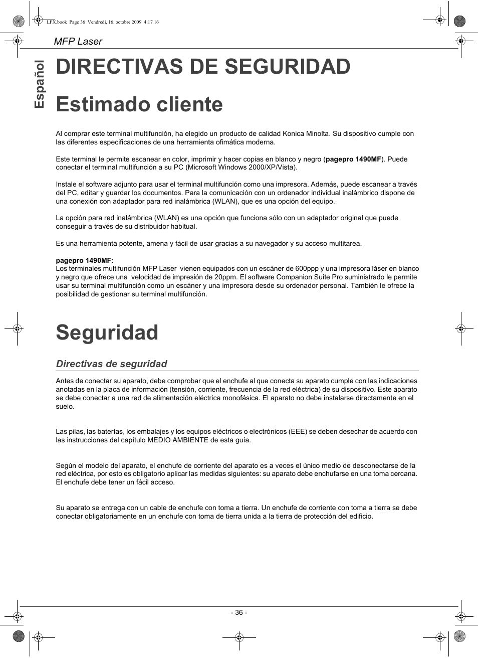 Directivas de seguridad estimado cliente, Seguridad | Konica Minolta PAGEPRO 1480MF User Manual | Page 37 / 198