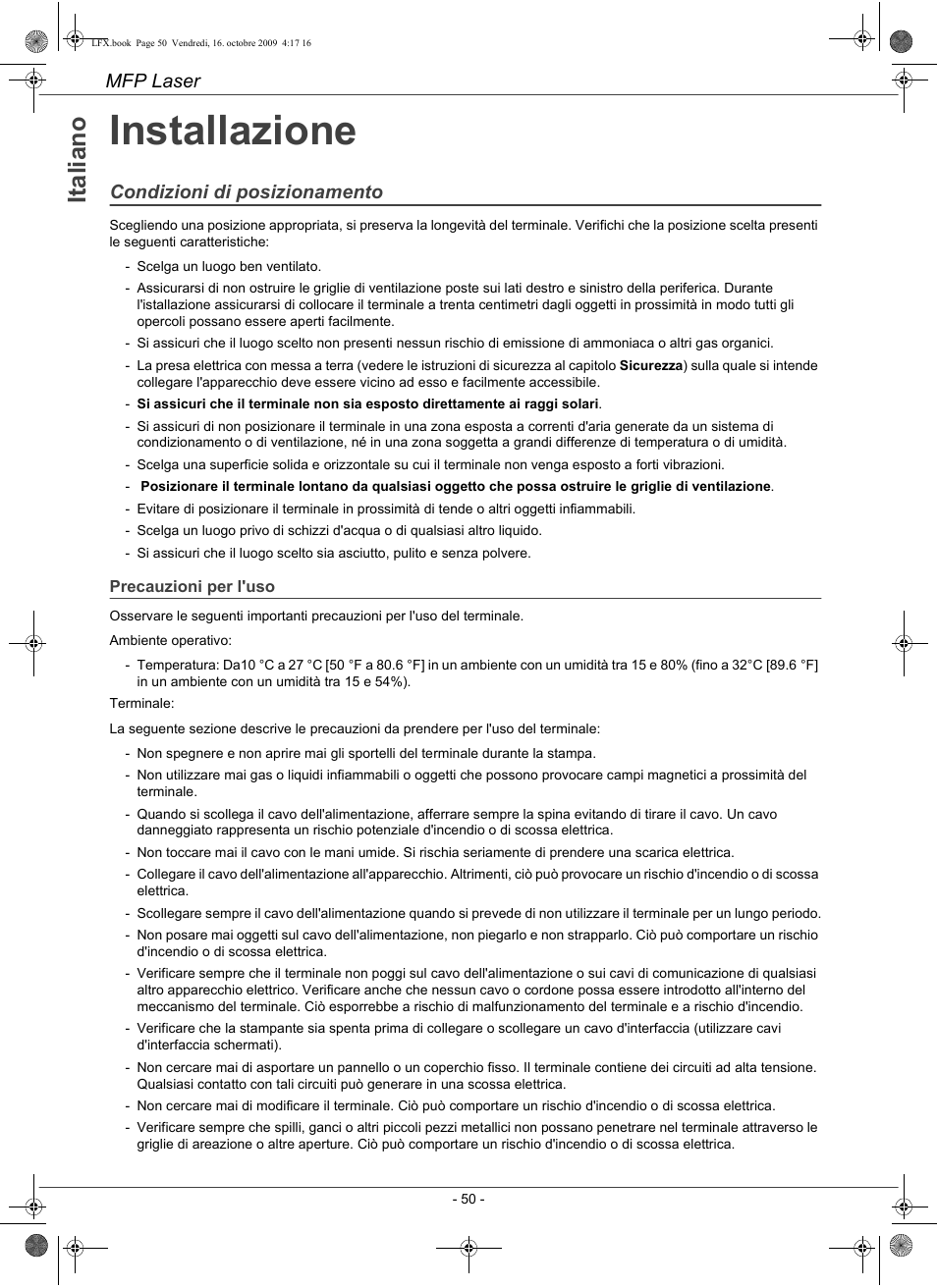 Installazione, Ita li a n o, Mfp laser | Condizioni di posizionamento | Konica Minolta PAGEPRO 1480MF User Manual | Page 51 / 198
