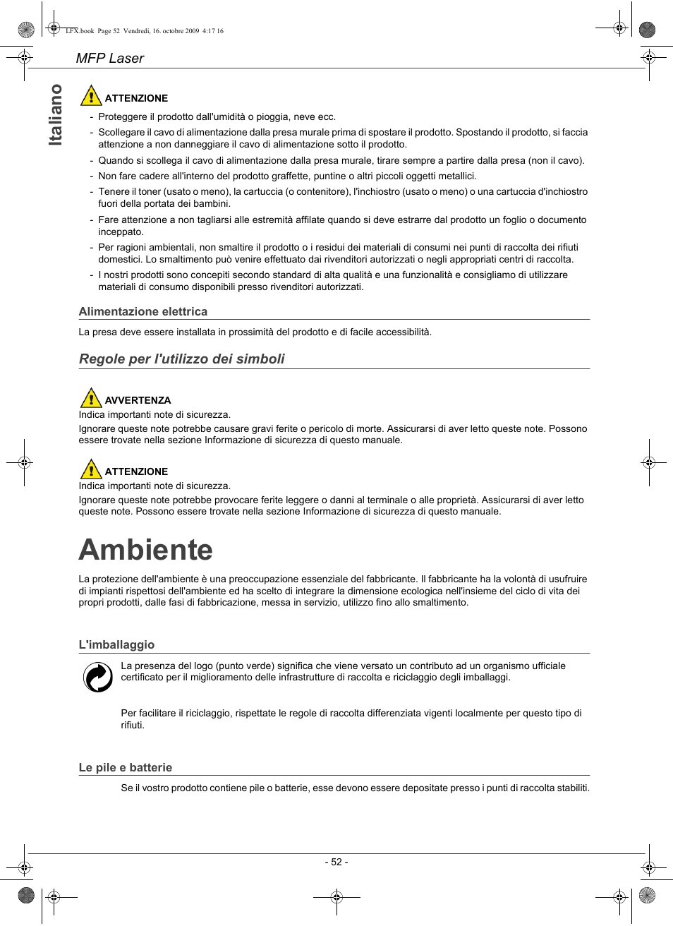 Ambiente, Ita li a n o | Konica Minolta PAGEPRO 1480MF User Manual | Page 53 / 198