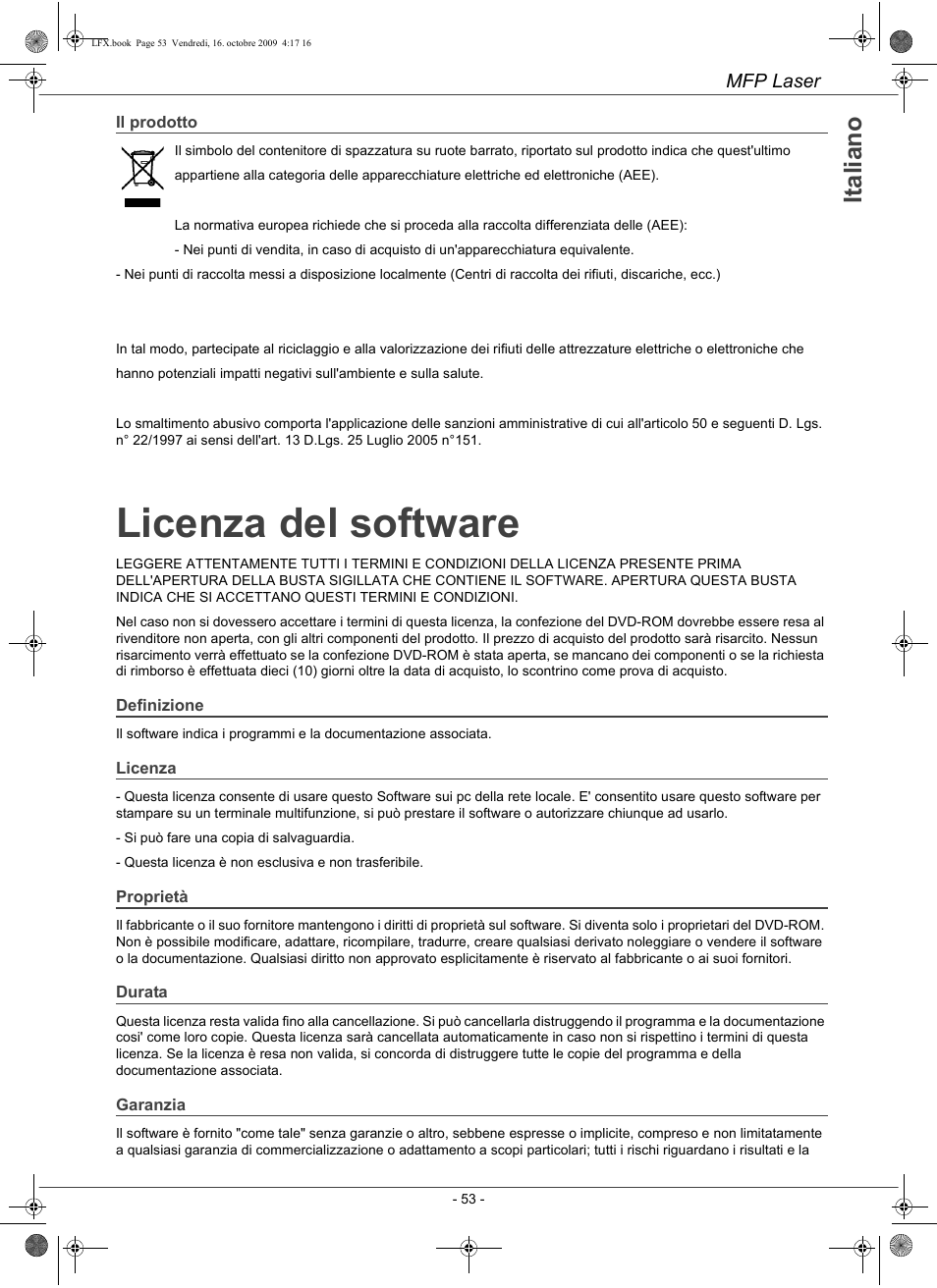 Licenza del software, Ita li a n o | Konica Minolta PAGEPRO 1480MF User Manual | Page 54 / 198