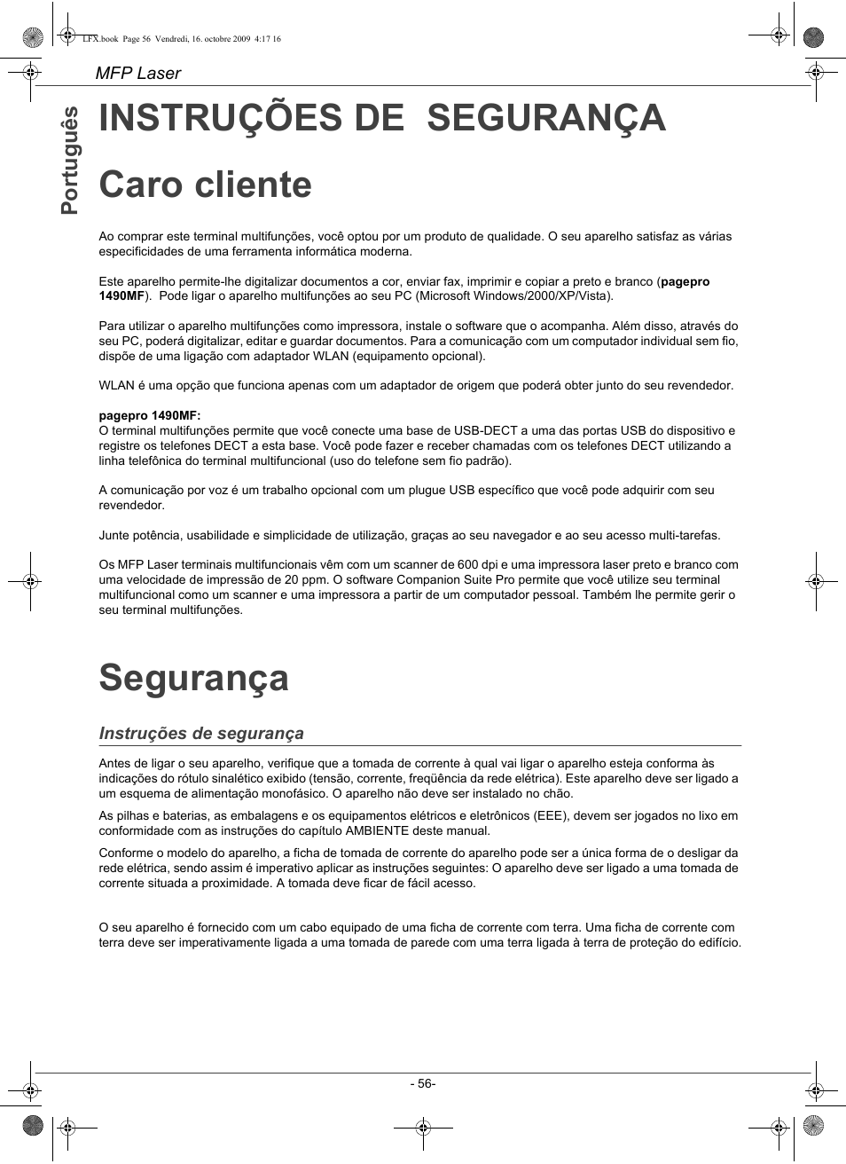 Instruções de segurança caro cliente, Segurança | Konica Minolta PAGEPRO 1480MF User Manual | Page 57 / 198