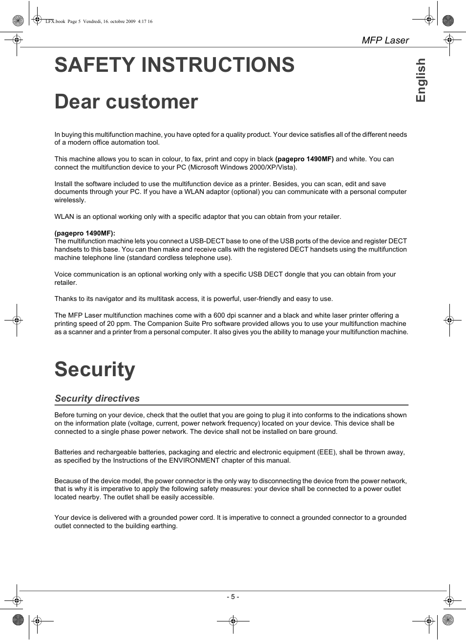 Safety instructions dear customer, Security, En g li s h | Konica Minolta PAGEPRO 1480MF User Manual | Page 6 / 198