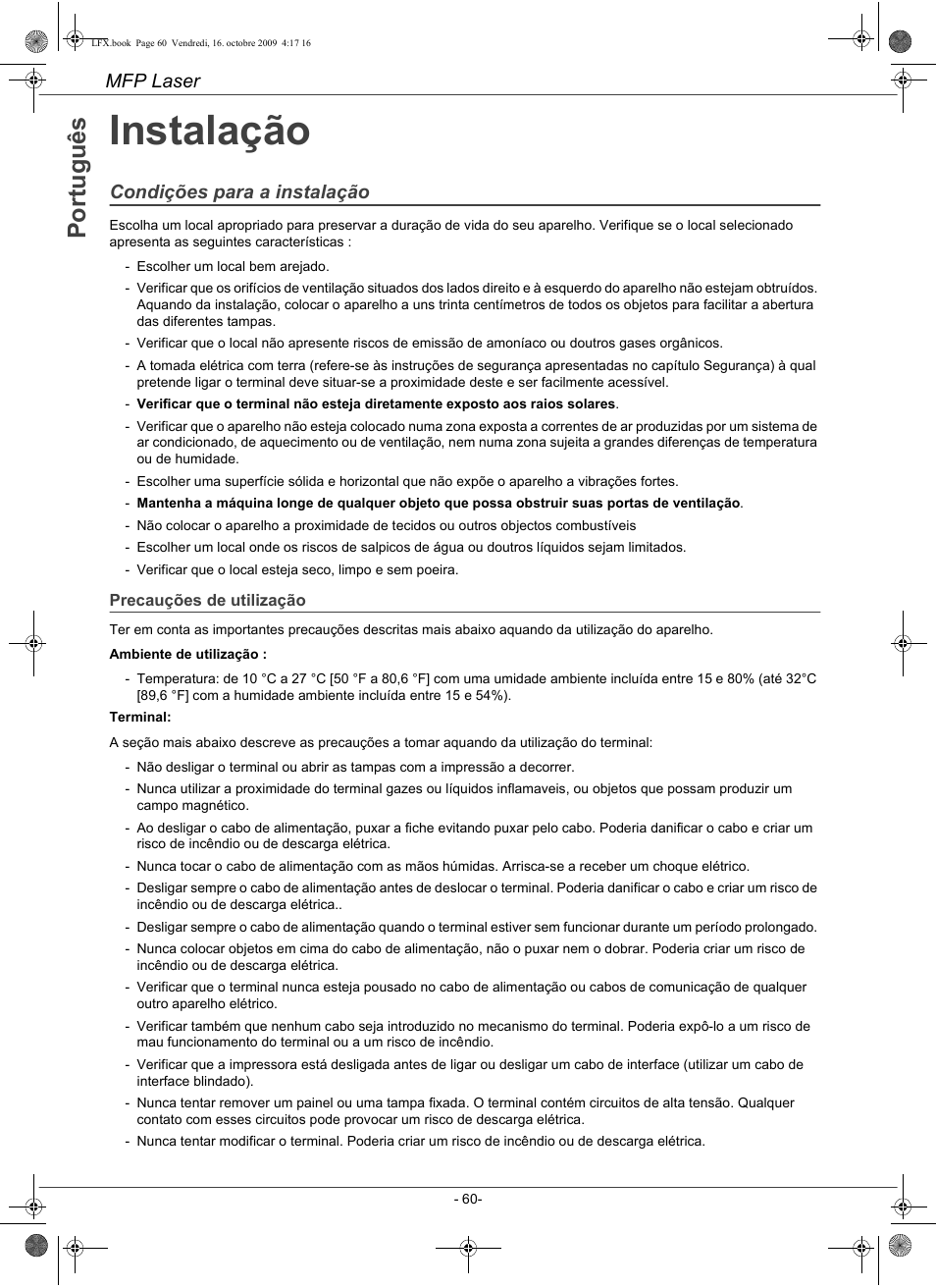 Instalação, Mfp laser, Condições para a instalação | Konica Minolta PAGEPRO 1480MF User Manual | Page 61 / 198