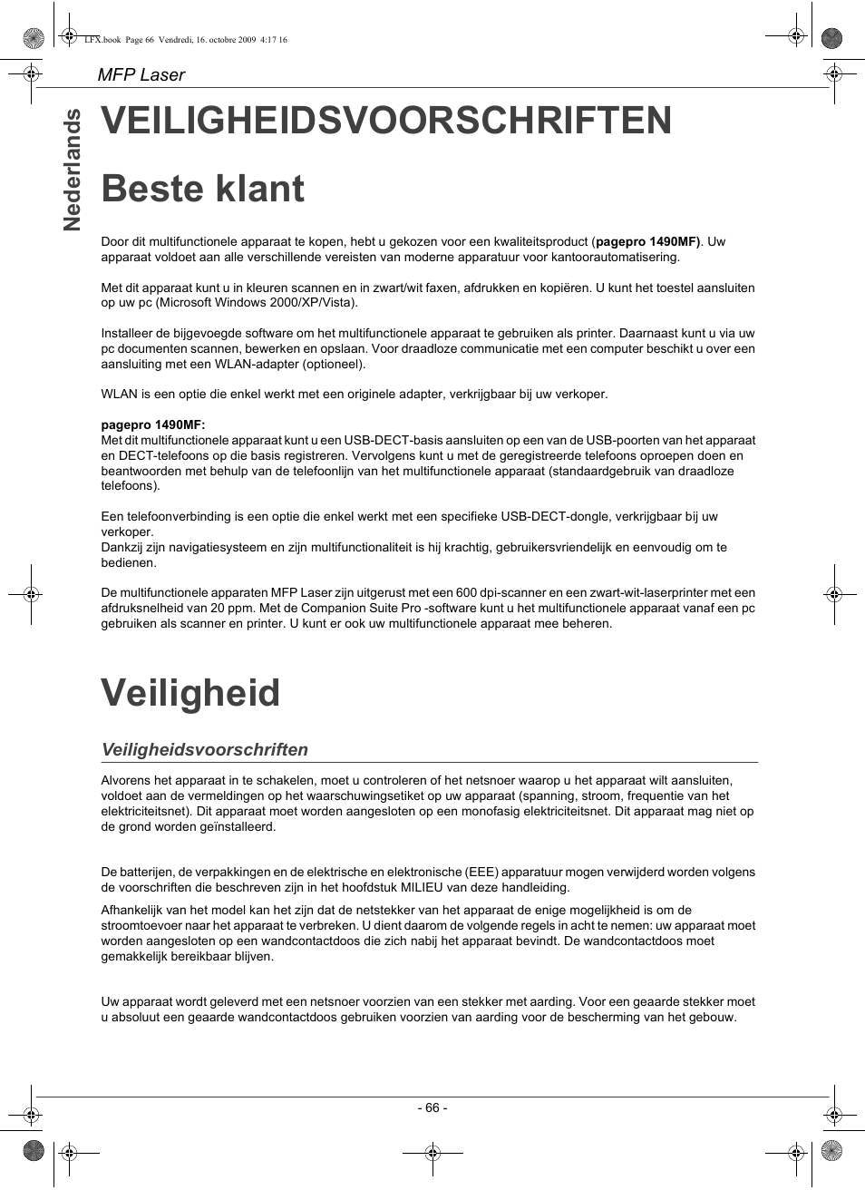 Veiligheidsvoorschriften beste klant, Veiligheid | Konica Minolta PAGEPRO 1480MF User Manual | Page 67 / 198