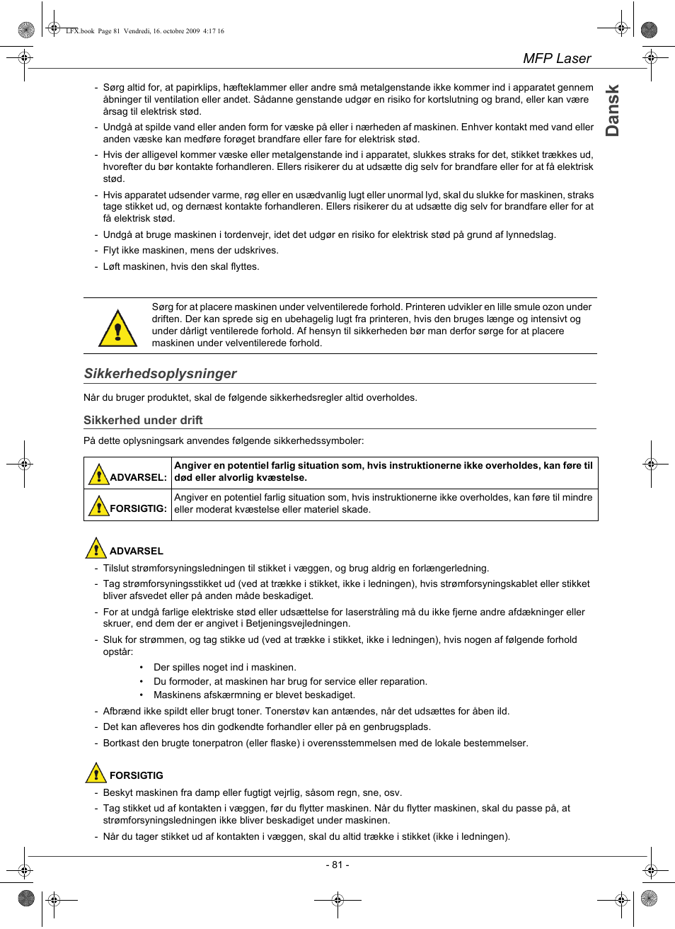 Da n s k, Mfp laser, Sikkerhedsoplysninger | Konica Minolta PAGEPRO 1480MF User Manual | Page 82 / 198