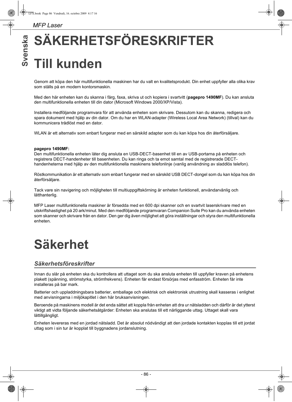 Säkerhetsföreskrifter till kunden, Säkerhet | Konica Minolta PAGEPRO 1480MF User Manual | Page 87 / 198