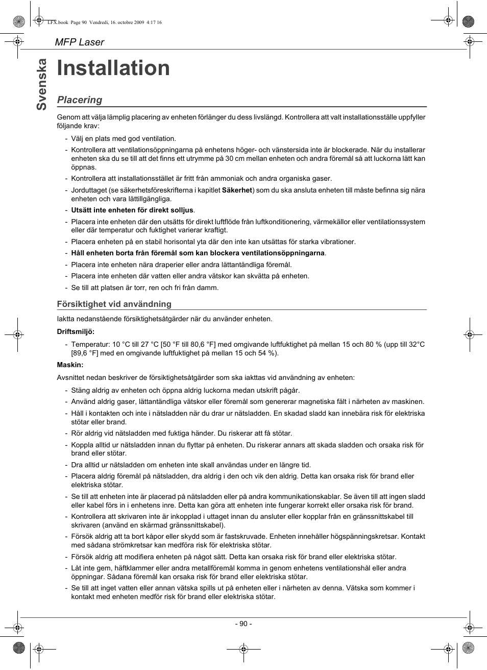 Installation, Mfp laser, Placering | Konica Minolta PAGEPRO 1480MF User Manual | Page 91 / 198