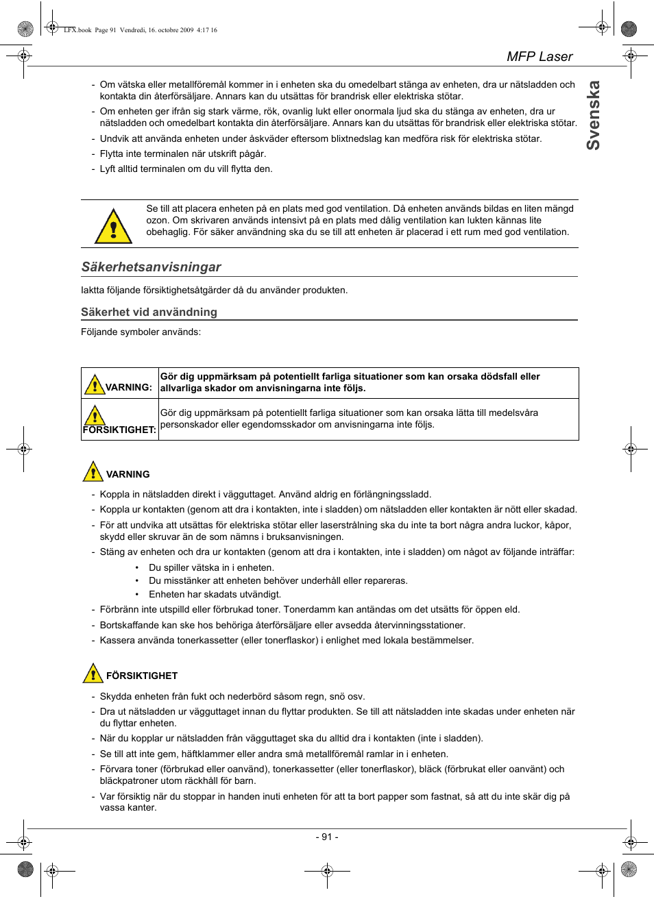 Mfp laser, Säkerhetsanvisningar | Konica Minolta PAGEPRO 1480MF User Manual | Page 92 / 198