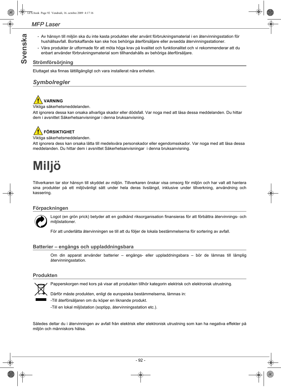 Miljö | Konica Minolta PAGEPRO 1480MF User Manual | Page 93 / 198