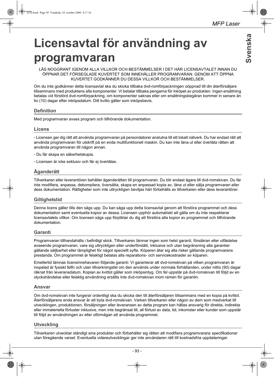 Licensavtal för användning av programvaran | Konica Minolta PAGEPRO 1480MF User Manual | Page 94 / 198
