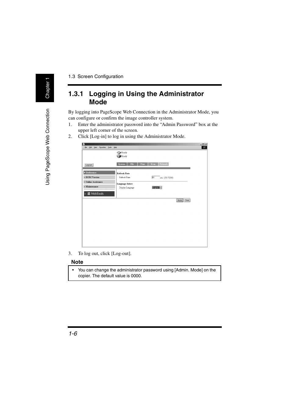 1 logging in using the administrator mode, Logging in using the administrator mode -6 | Konica Minolta IC-401 User Manual | Page 13 / 106