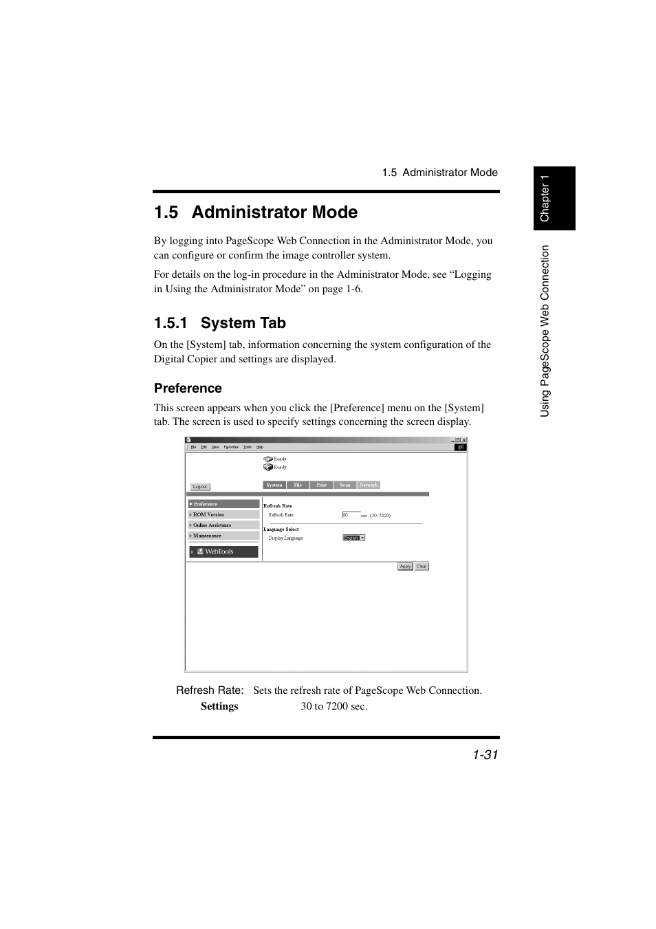 5 administrator mode, 1 system tab, Preference | 5 administrator mode -31, System tab -31 | Konica Minolta IC-401 User Manual | Page 38 / 106