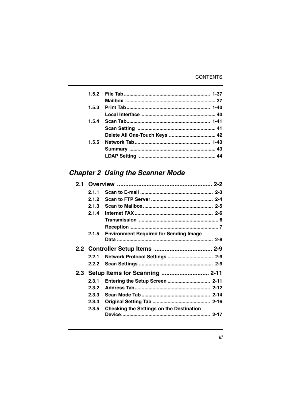 Chapter 2 using the scanner mode, 1 overview -2, 2 controller setup items -9 | 3 setup items for scanning -11 | Konica Minolta IC-401 User Manual | Page 4 / 106