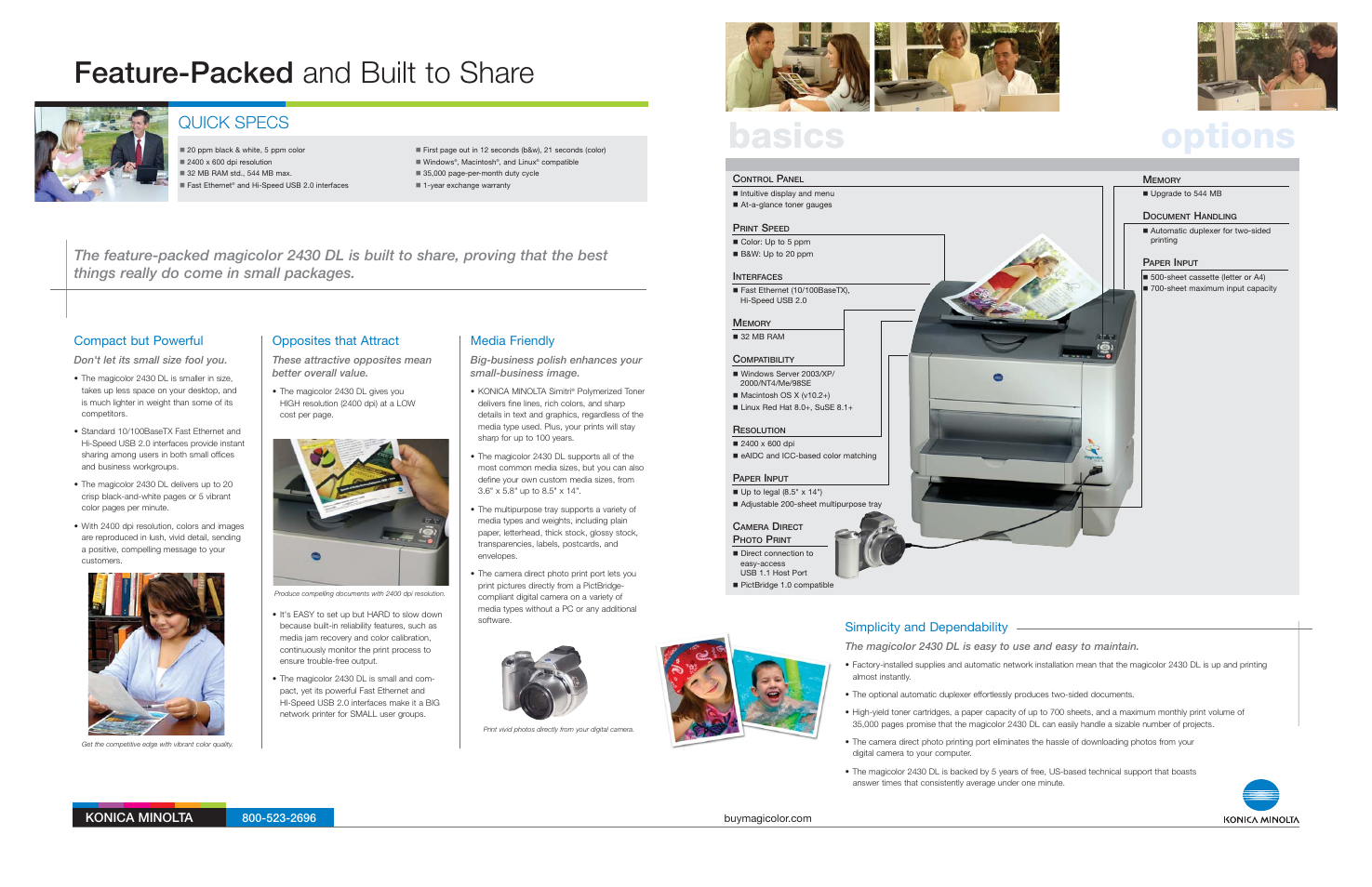 Basics options, Feature-packed and built to share, Quick specs | Compact but powerful, Opposites that attract, Media friendly, Simplicity and dependability, Konica minolta | Konica Minolta magicolor 2430 DL User Manual | Page 2 / 4