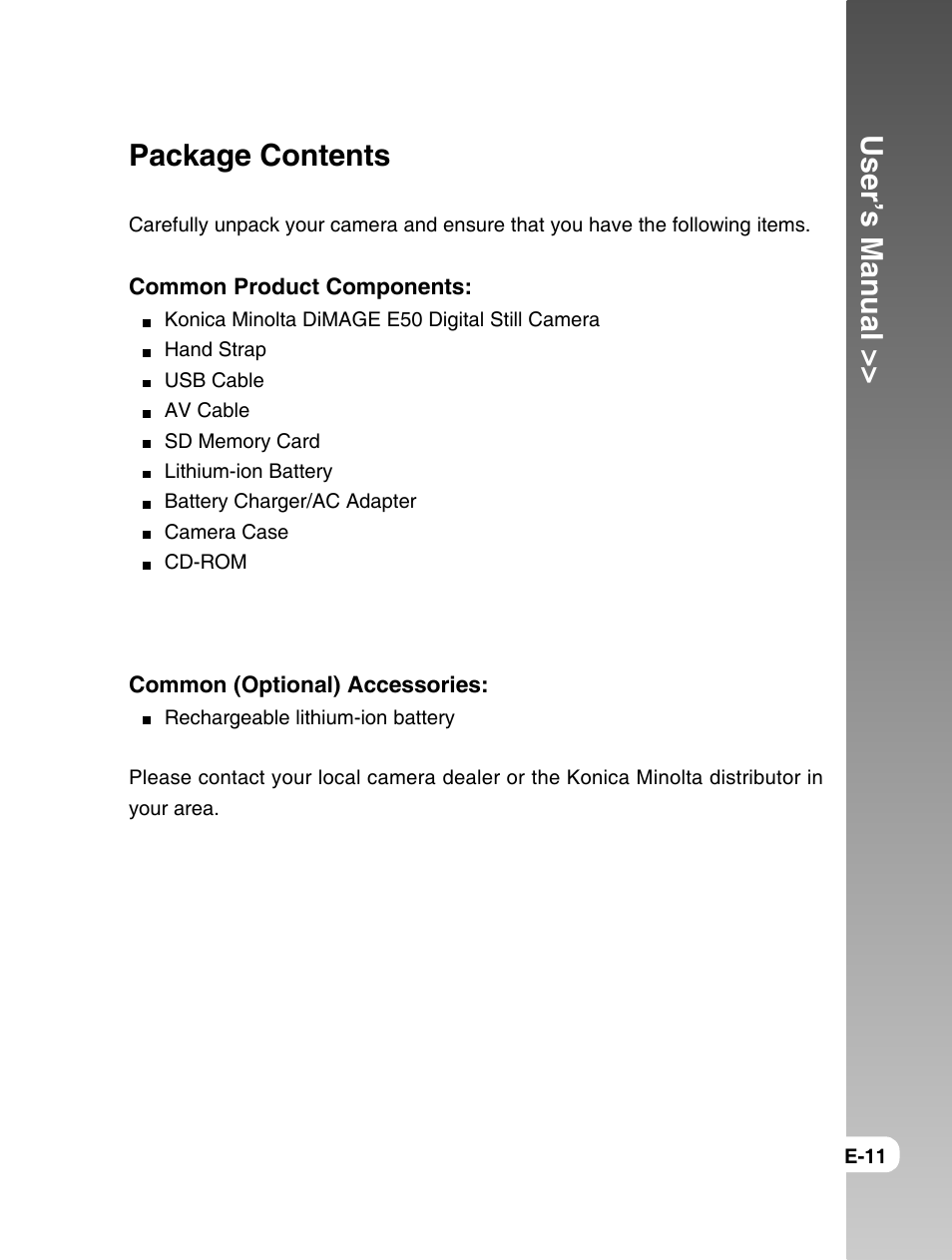 User’s manual, Package contents | Konica Minolta E50 User Manual | Page 11 / 75