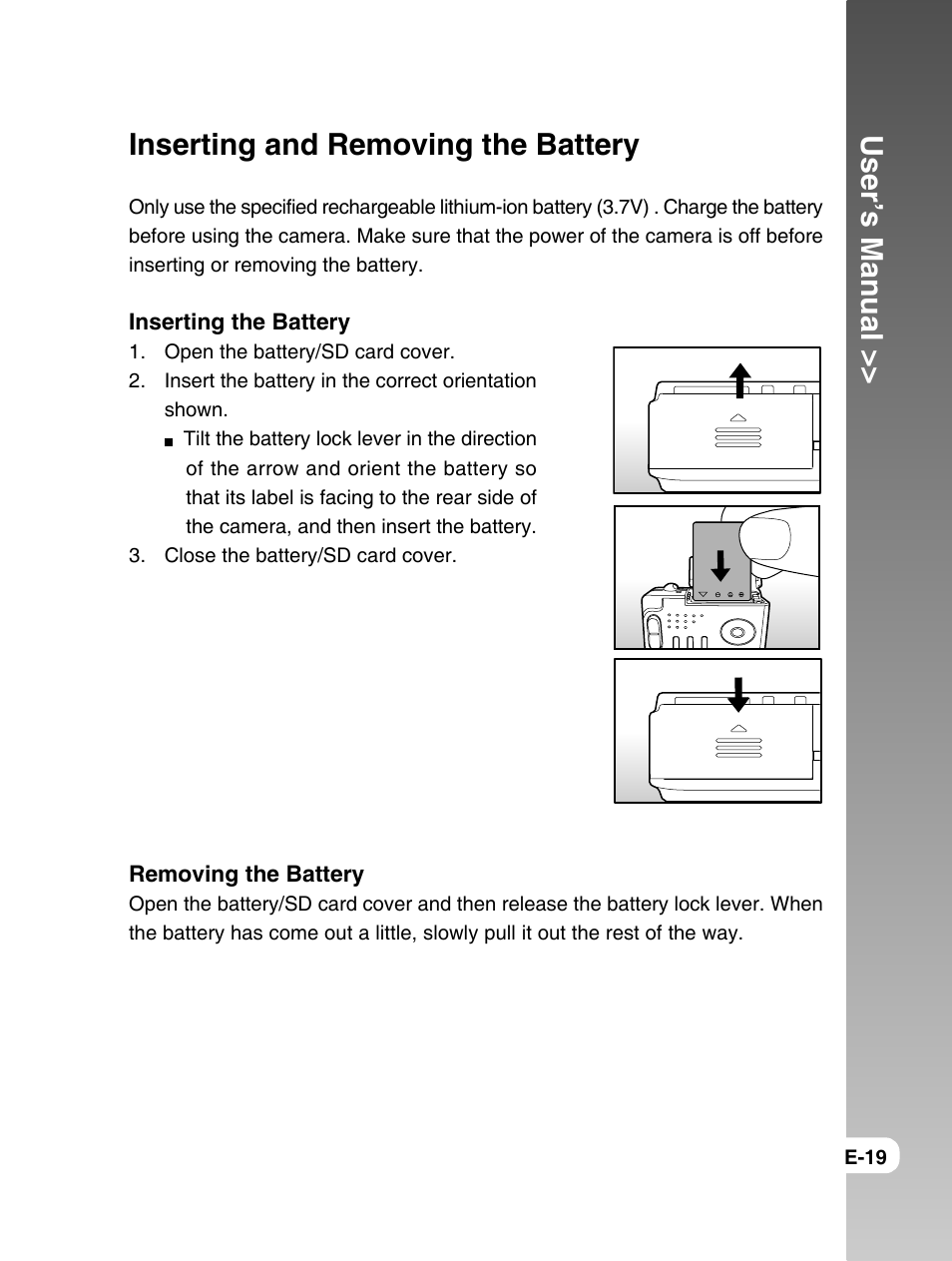 User’s manual, Inserting and removing the battery | Konica Minolta E50 User Manual | Page 19 / 75