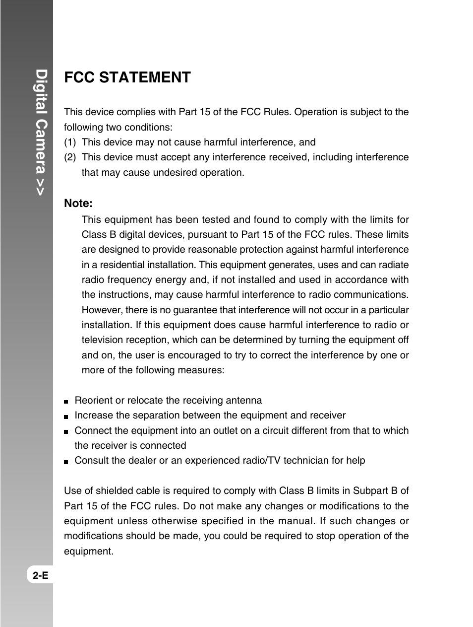 Digital camera, Fcc statement | Konica Minolta E50 User Manual | Page 2 / 75