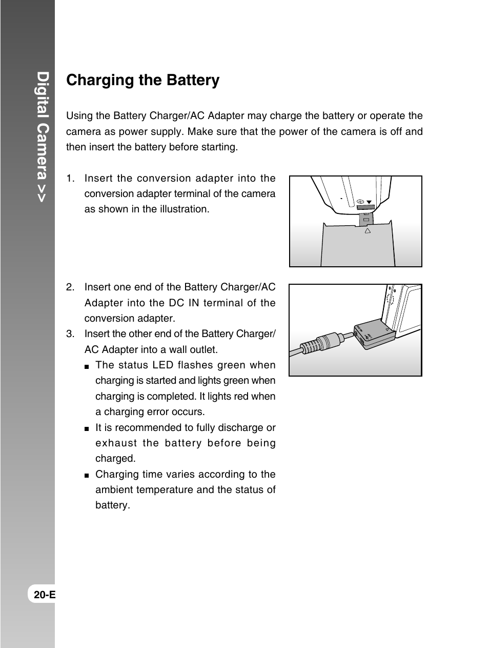 Digital camera, Charging the battery | Konica Minolta E50 User Manual | Page 20 / 75
