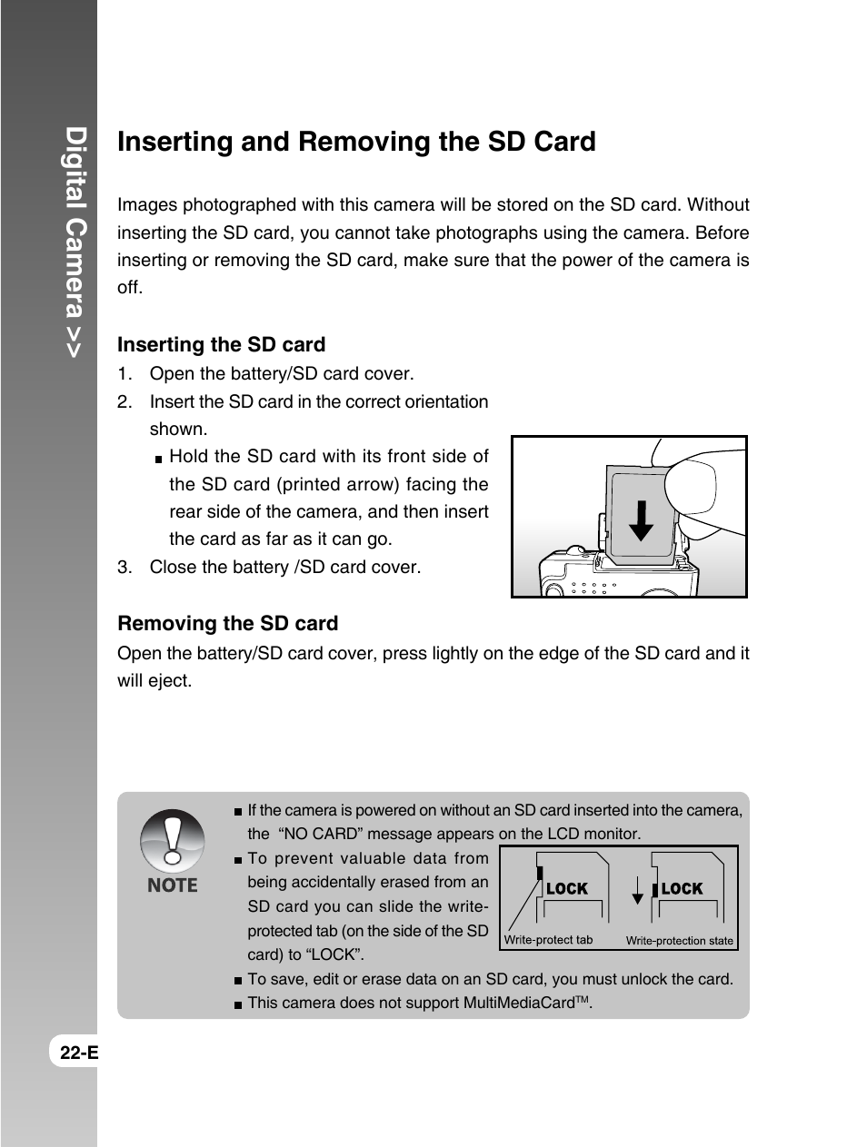 Digital camera, Inserting and removing the sd card | Konica Minolta E50 User Manual | Page 22 / 75