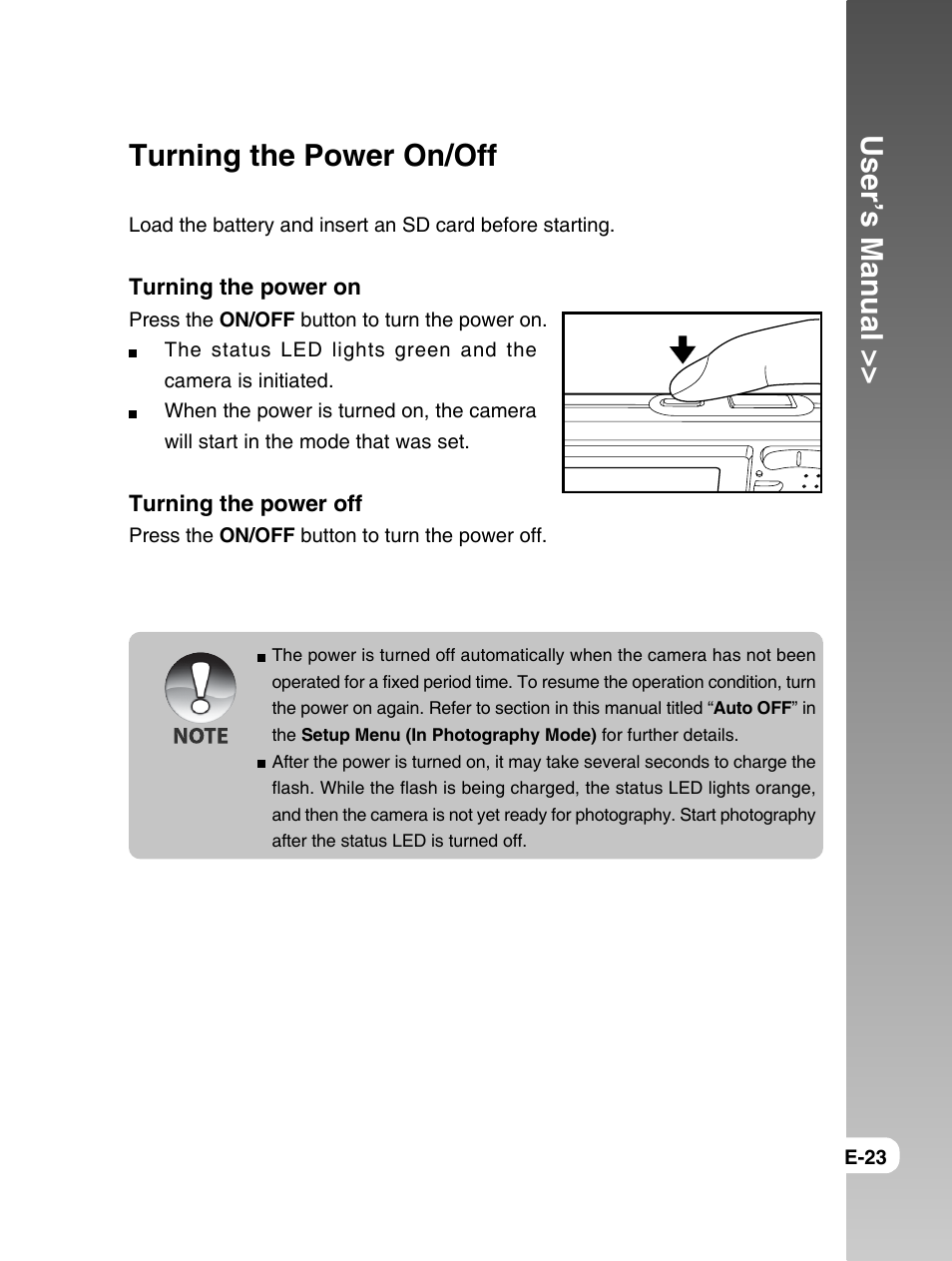 User’s manual, Turning the power on/off | Konica Minolta E50 User Manual | Page 23 / 75