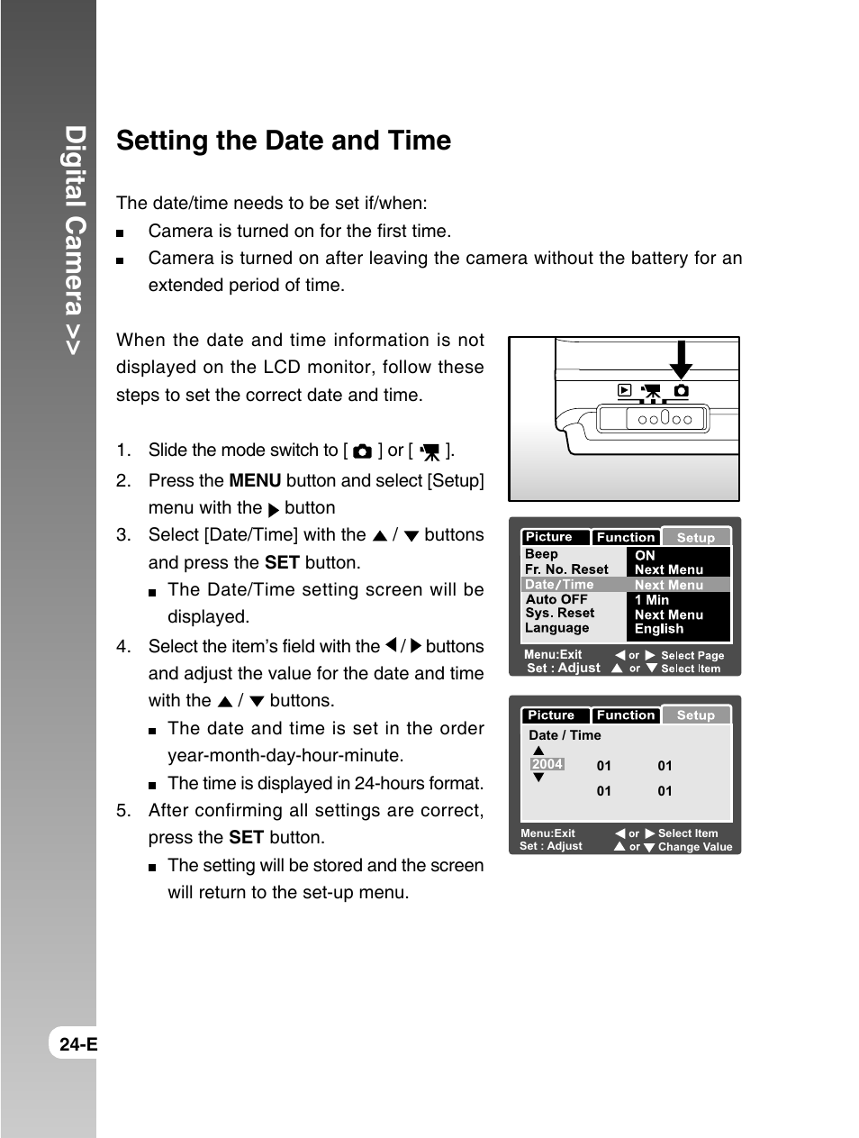 Digital camera, Setting the date and time | Konica Minolta E50 User Manual | Page 24 / 75