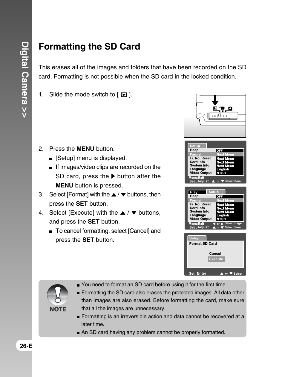 Digital camera, Formatting the sd card | Konica Minolta E50 User Manual | Page 26 / 75