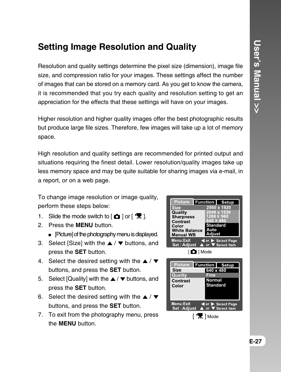User’s manual, Setting image resolution and quality | Konica Minolta E50 User Manual | Page 27 / 75