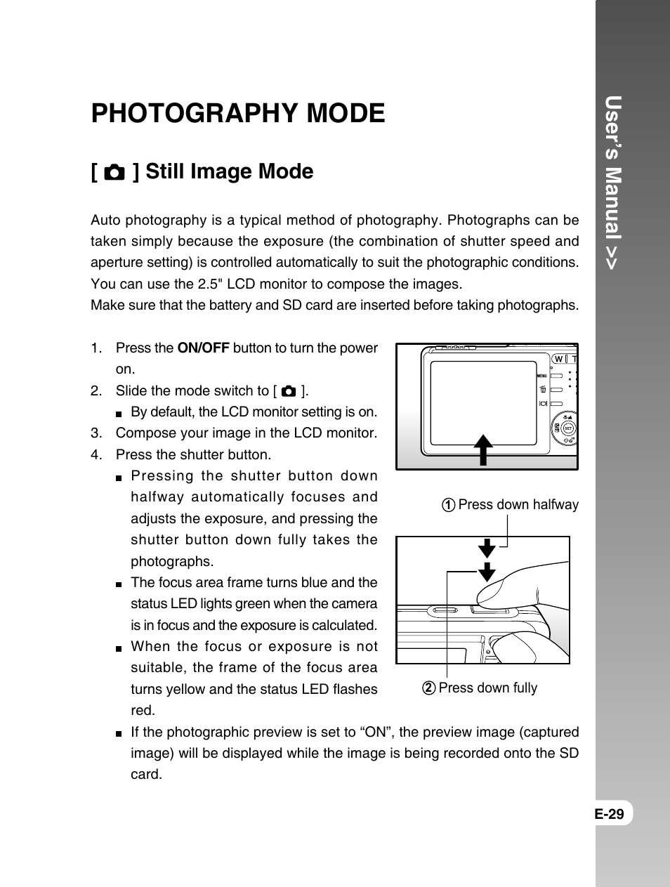 Photography mode, User’s manual, Still image mode | Konica Minolta E50 User Manual | Page 29 / 75