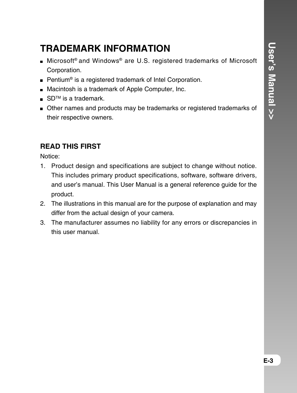 User’s manual, Trademark information | Konica Minolta E50 User Manual | Page 3 / 75