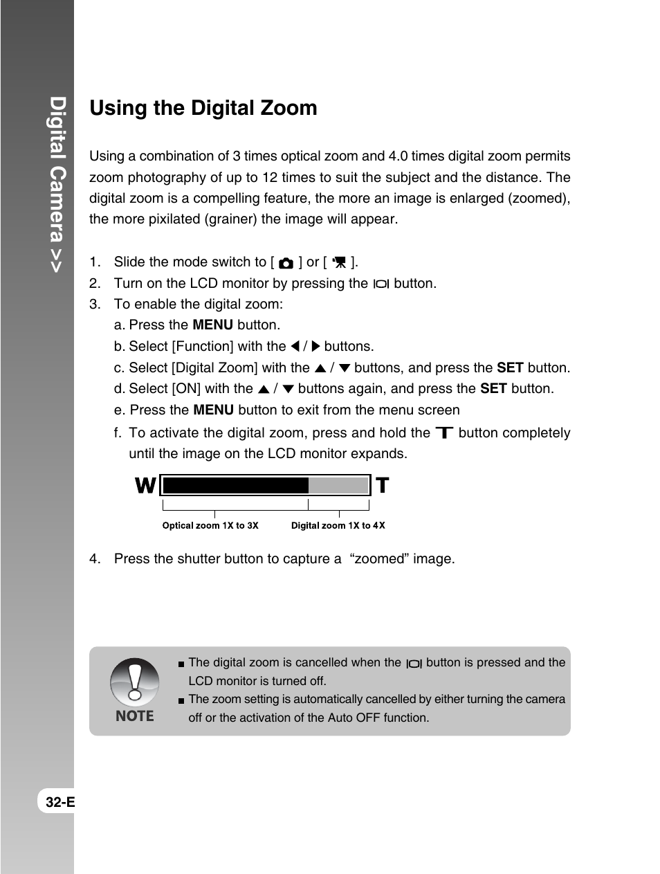 Digital camera, Using the digital zoom | Konica Minolta E50 User Manual | Page 32 / 75