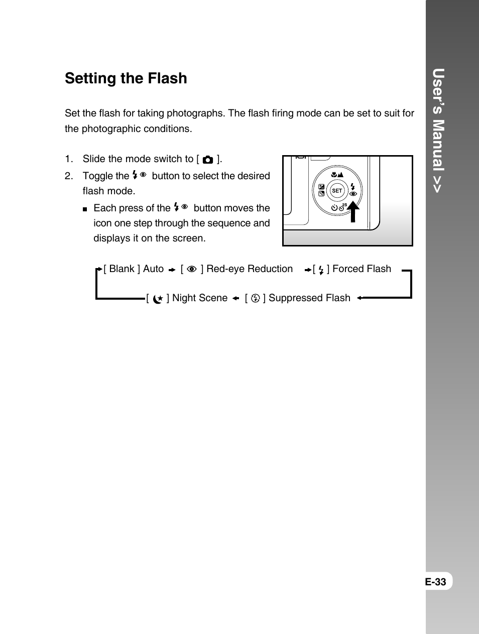 User’s manual, Setting the flash | Konica Minolta E50 User Manual | Page 33 / 75
