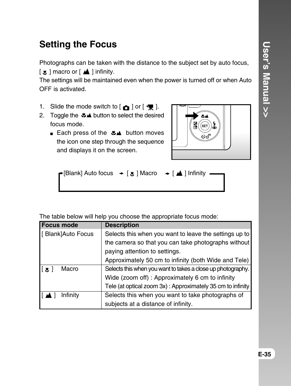 User’s manual, Setting the focus | Konica Minolta E50 User Manual | Page 35 / 75