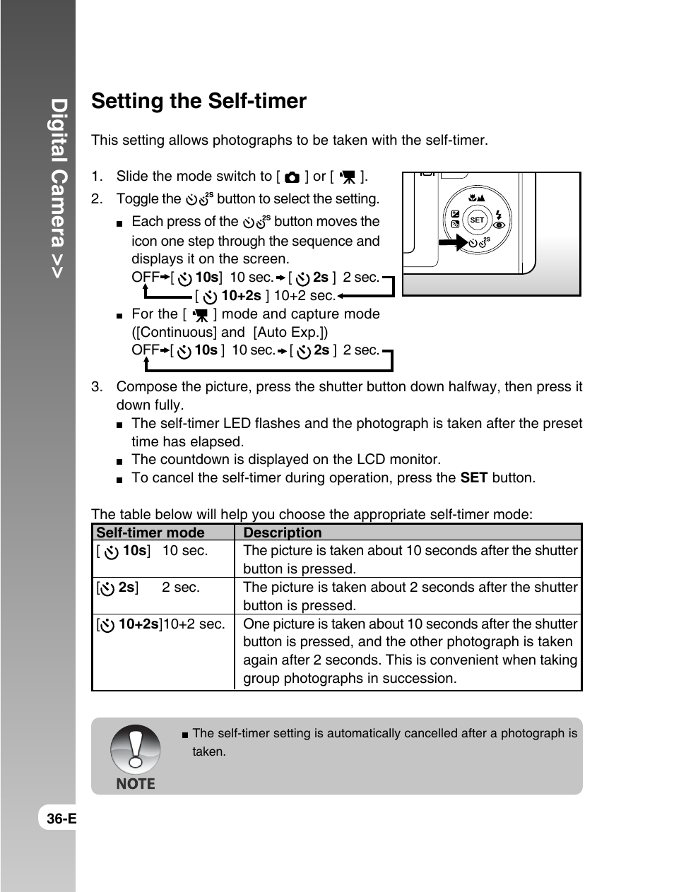 Digital camera, Setting the self-timer | Konica Minolta E50 User Manual | Page 36 / 75