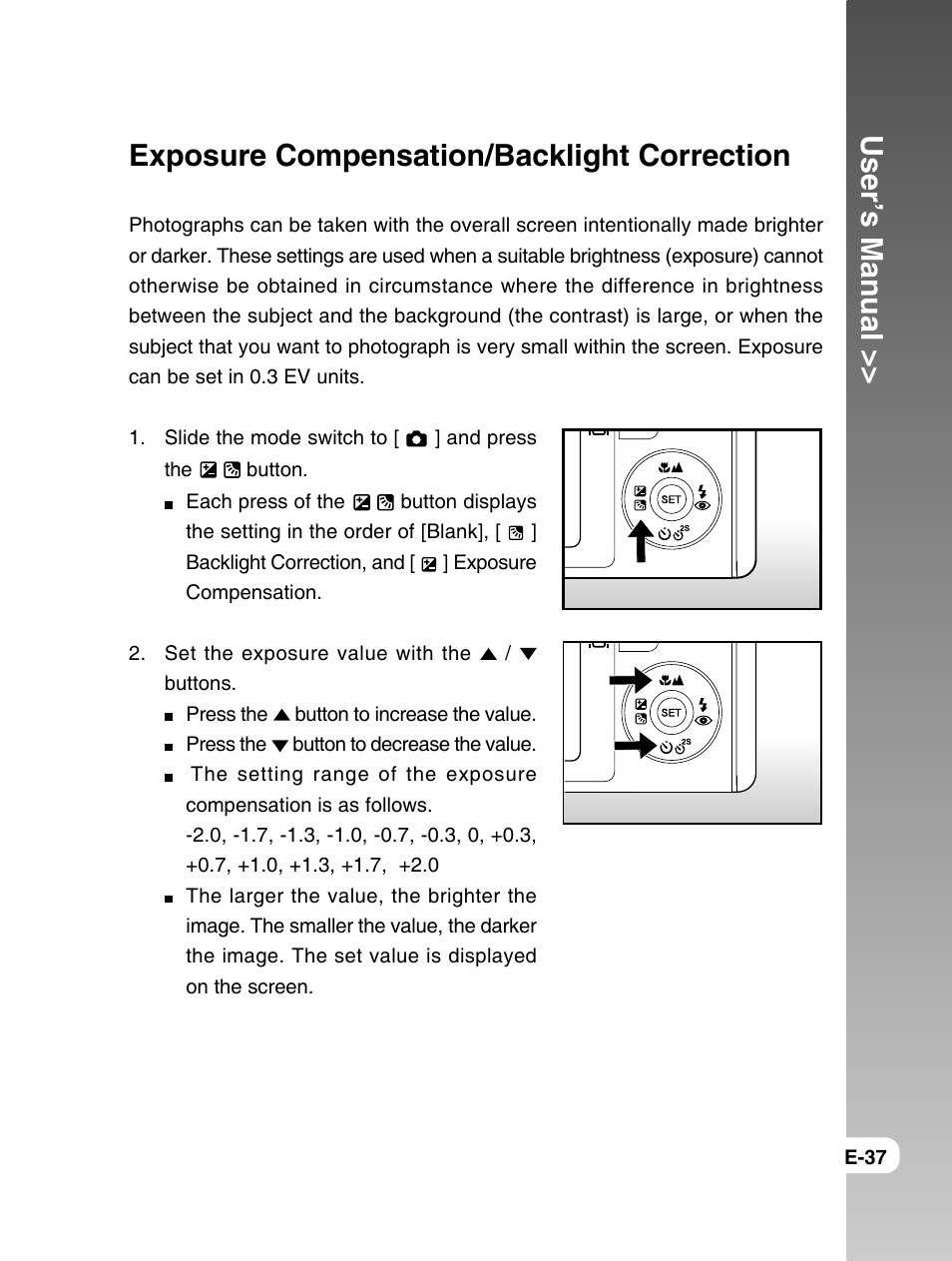User’s manual, Exposure compensation/backlight correction | Konica Minolta E50 User Manual | Page 37 / 75