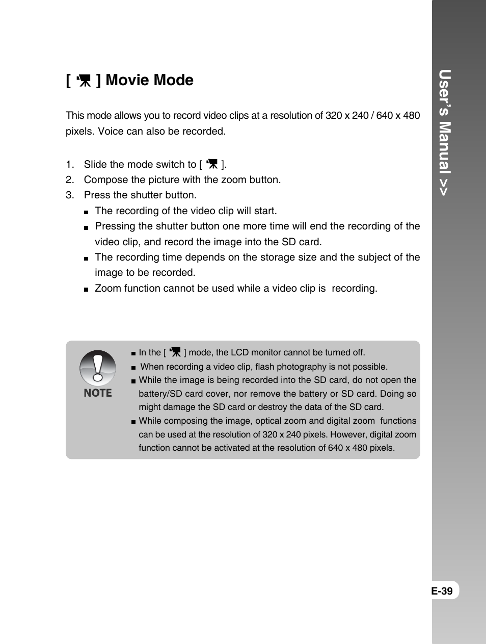 User’s manual, Movie mode | Konica Minolta E50 User Manual | Page 39 / 75