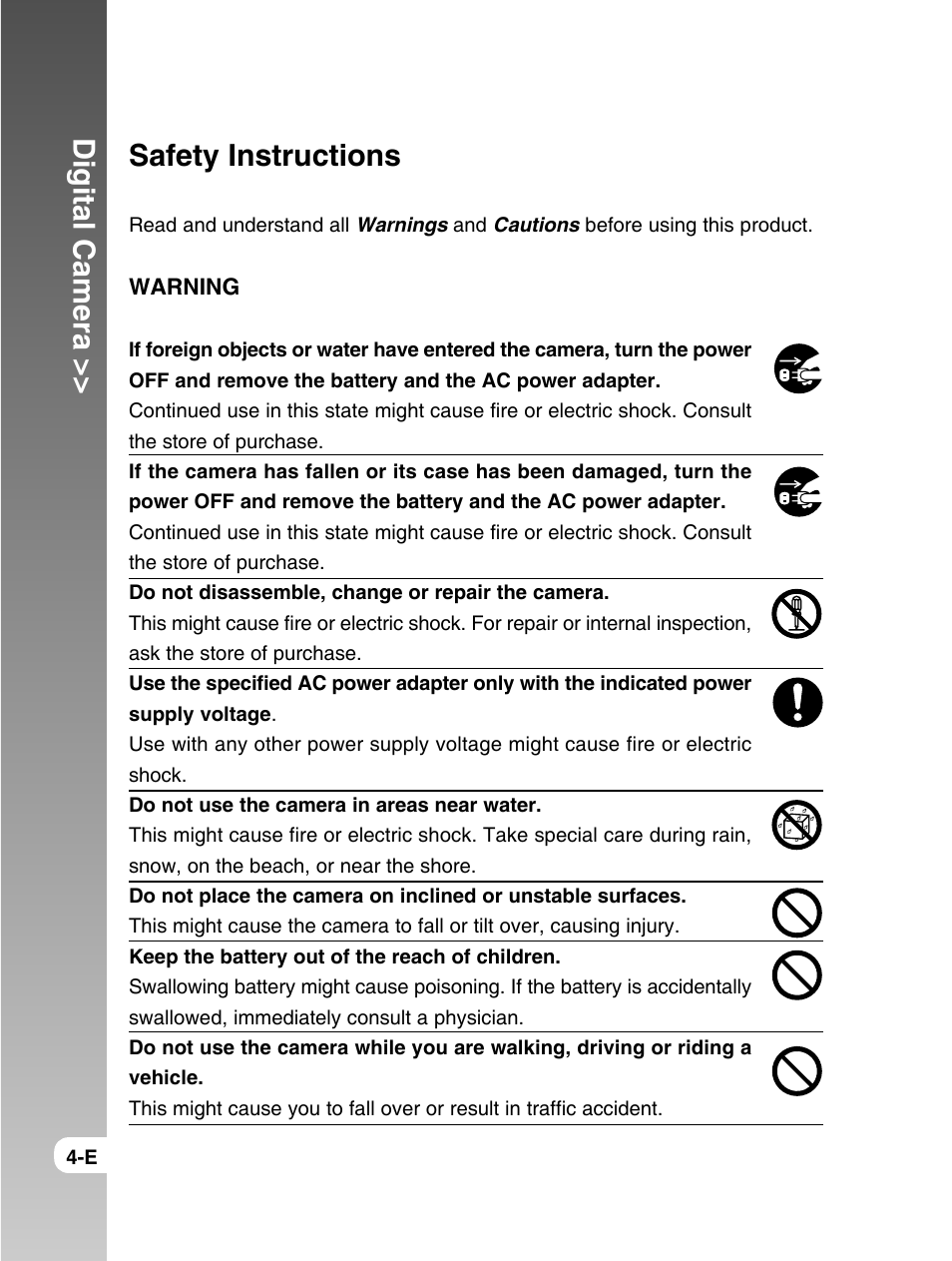 Digital camera, Safety instructions | Konica Minolta E50 User Manual | Page 4 / 75